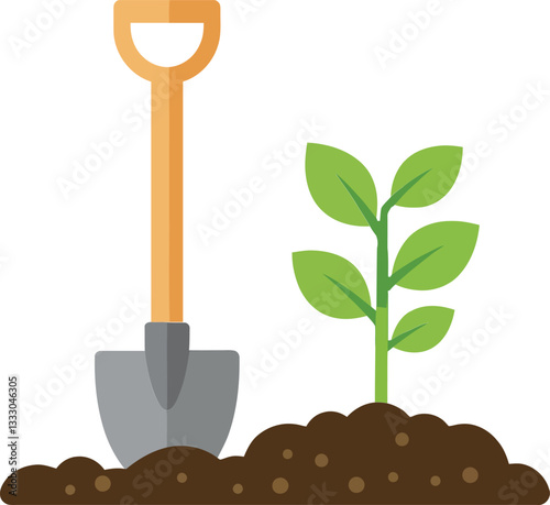 Obraz na płótnie Shovel resting beside a green plant growing in rich brown soil, minimalistic design, showcasing gardening activity, nurturing nature, vector illustration w salonie