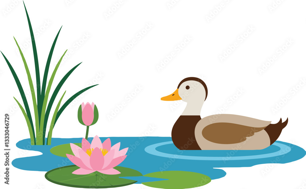 A serene duck swimming peacefully among vibrant water lilies and lush green reeds in a flat vector illustration