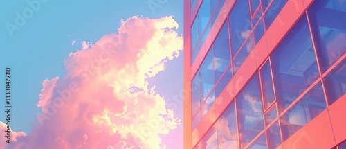 Modern office building reflecting colorful sunset sky with clouds in the background, serene atmosphere
