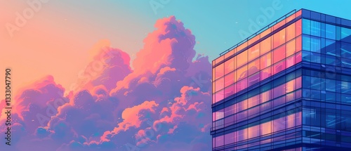 Modern office building reflecting vibrant sunset colors with dramatic clouds in the background
