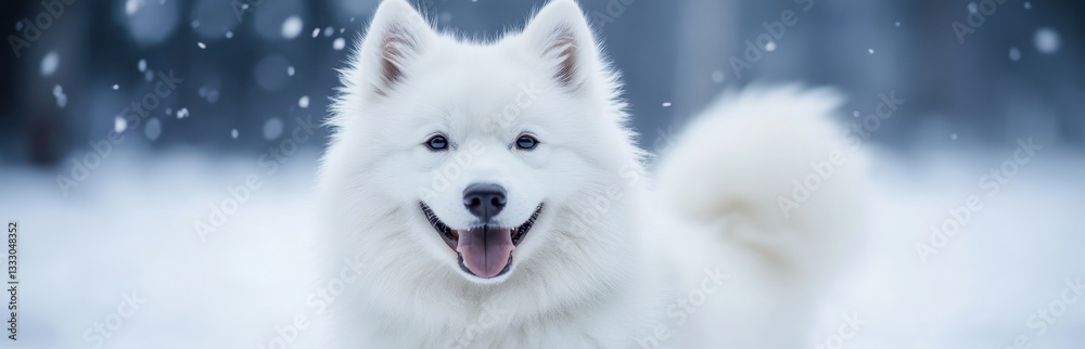 Fluffy white Samoyed dog happily standing in snowy landscape, surrounded by falling snowflakes. Fluffy white Samoyed dog happily standing in snowy landscape, surrounded by falling snowflakes.