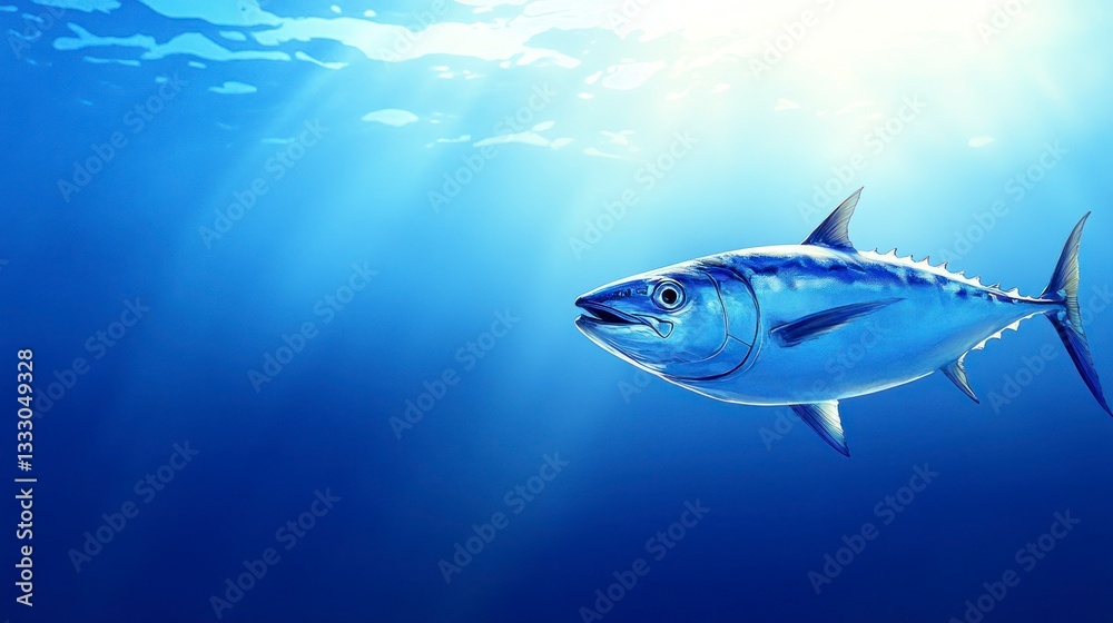 Obraz premium Tuna Fish Swimming in the Blue Ocean with Sunlight Streaming Through