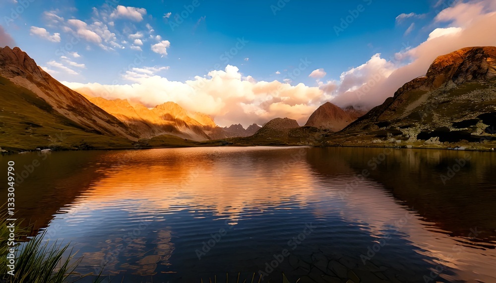 Fototapeta premium Scenic Mountain Lake Reflecting Sunrise with Dramatic Clouds and Mountain Peaks