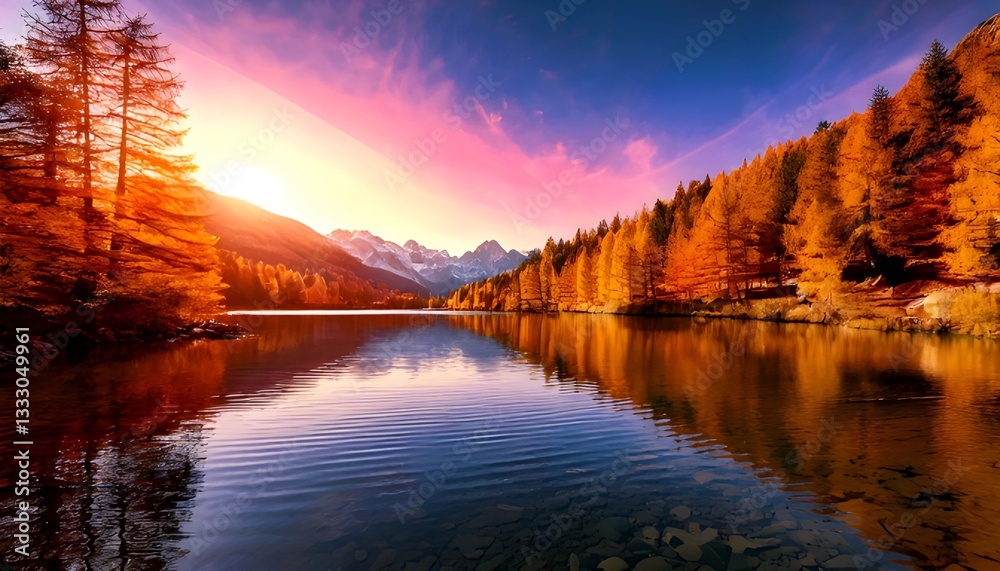 Fototapeta premium Lake Reflection with Autumn Trees and Mountain Landscape at Sunset