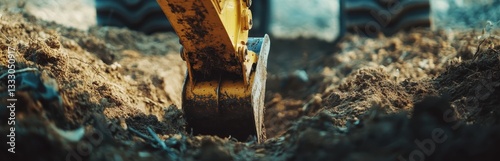 Close-up of a yellow excavator's bucket digging into the earth on a sunny day.