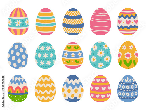 Retro Easter eggs set. Eggs with patterns of flowers, hearts, stripes. White background.