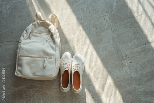 A minimalist scene featuring a white backpack and sneakers on a textured floor with soft light
