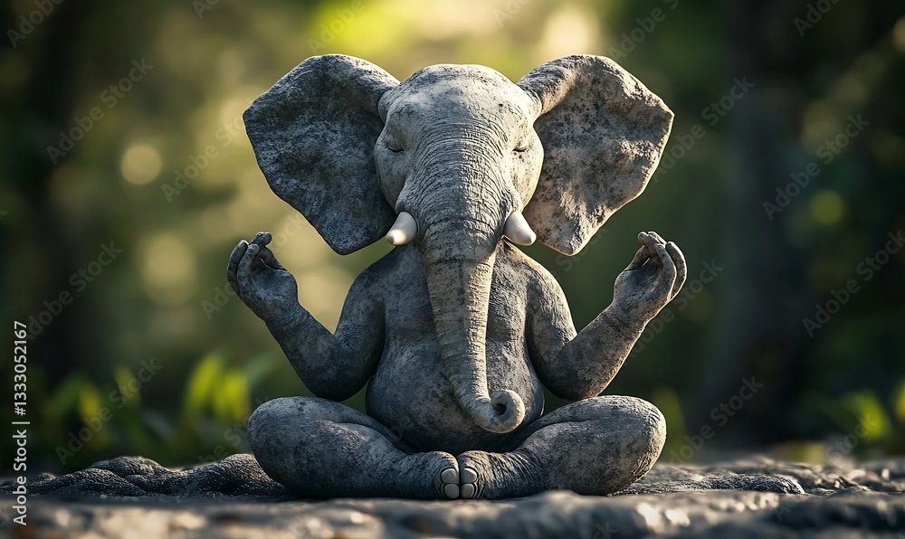 A stone elephant figure meditates in a tranquil natural setting A stone elephant figure meditates in a tranquil natural setting