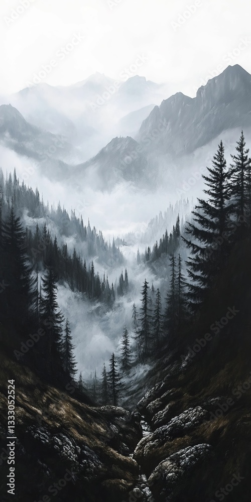 Fototapeta premium Misty mountains embrace evergreen forest solitude.