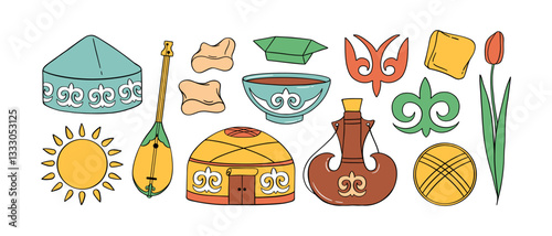 Kazakh national elements, ornaments hand drawn color and line Nauryz set. Spring equinox holiday in Kazakhstan. Banner