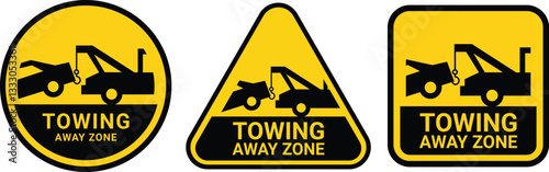 Towing sign set. Truck towing car service signage, signboard, sign, icon, logo. No parking, tow away zone, private parking, towing enforced. Vector Illustration. 