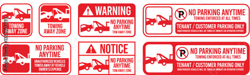 Towing sign set. Truck towing car service signage, signboard, sign, icon, logo. No parking, tow away zone, private parking, towing enforced. Vector Illustration. 