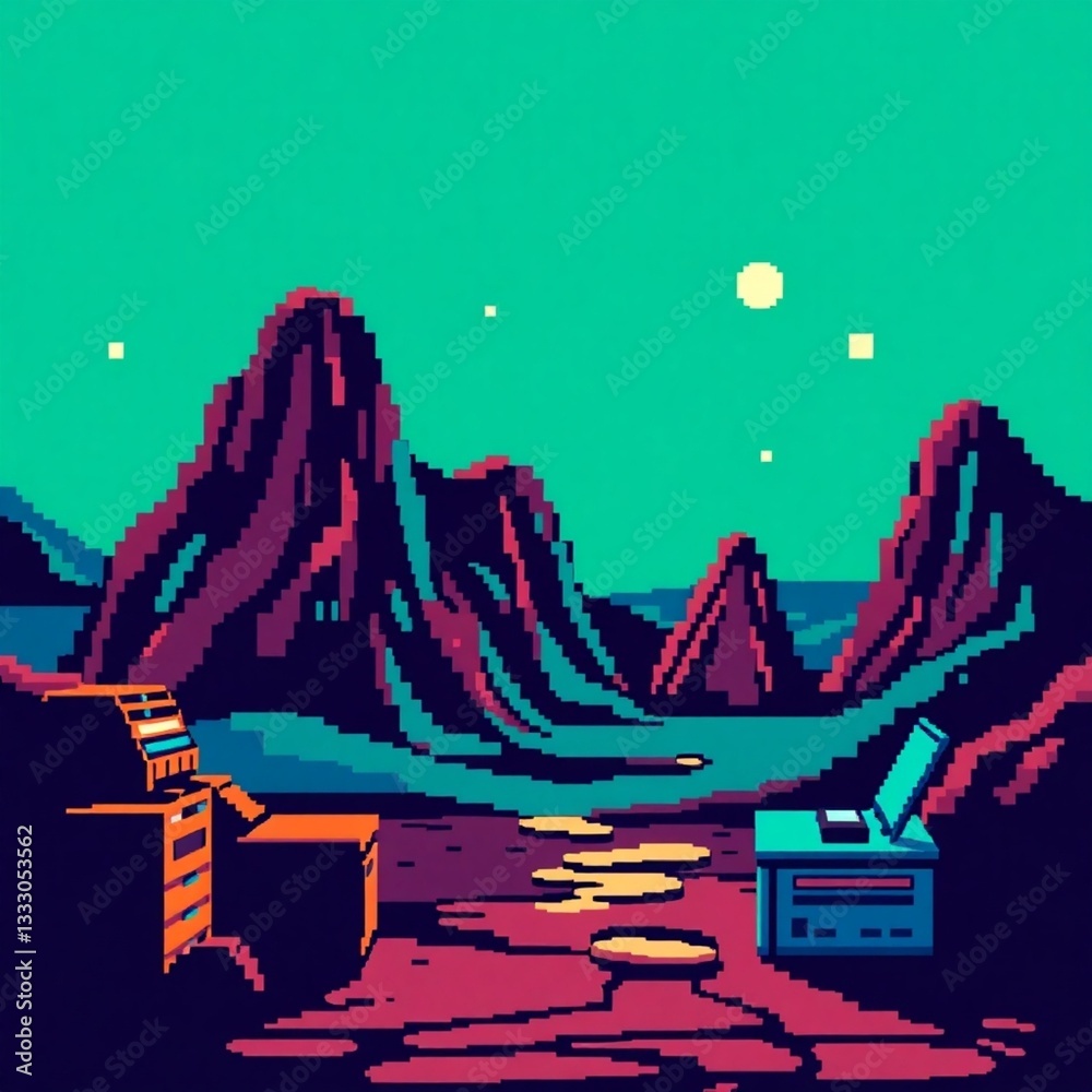 Fototapeta premium High-resolution pixel art image, 1980s aesthetic, bold color palette, centered composition, commercial quality, professional stock photo, no shadows