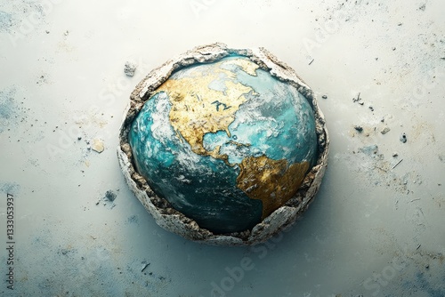 Earth globe in a damaged stone encasement on a surface