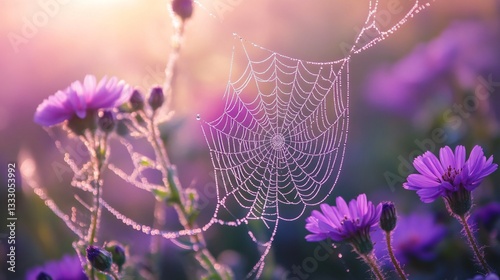 Dew-kissed spiderweb hanging among purple flowers, bathed in soft, ethereal light, creating a serene and enchanting natural scene.