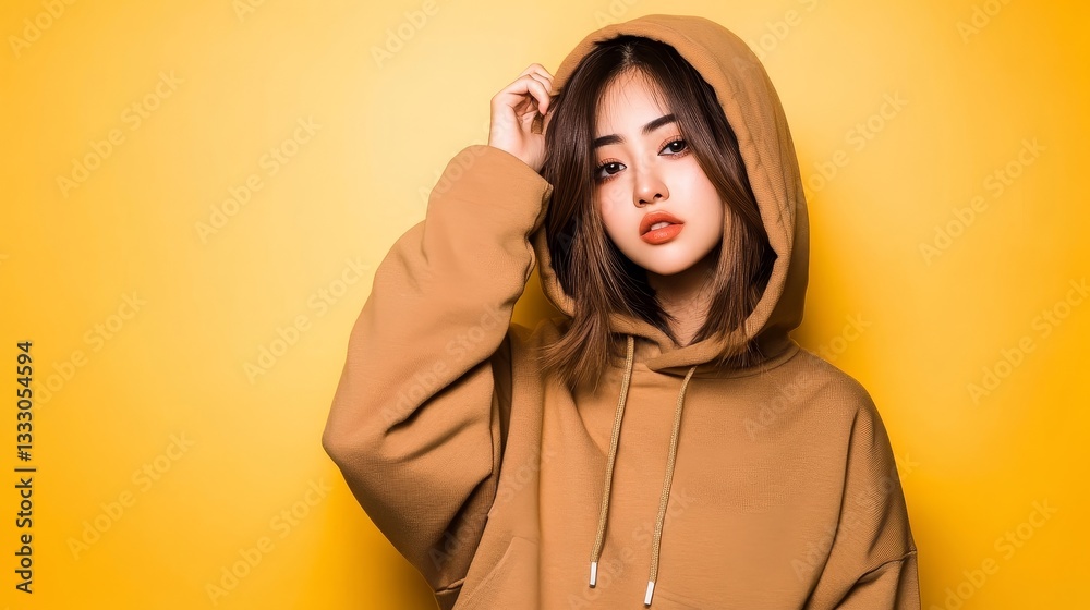 Young woman in a cozy hoodie poses against a vibrant yellow background, exuding confidence Young woman in a cozy hoodie poses against a vibrant yellow background, exuding confidence
