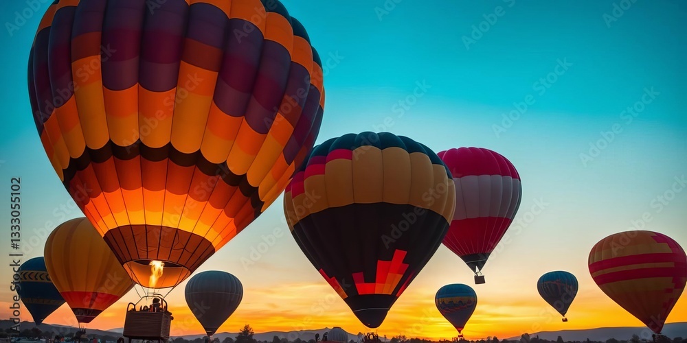 Obraz premium Vibrant hot air balloons soar against a sunset sky, basket visible, element, art