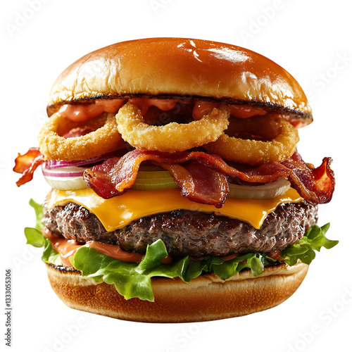 A Juicy Cheeseburger with Crispy Bacon and Onion Rings Isolated on Transparent Background