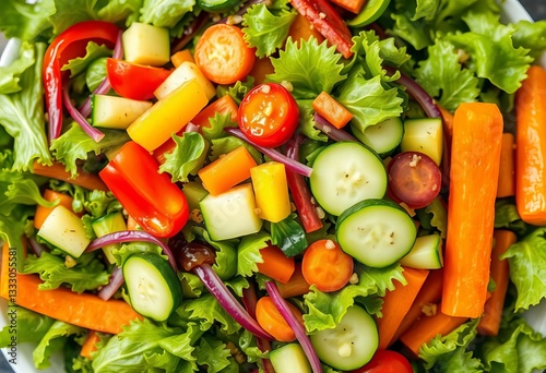Vibrant mixed green salad with colorful bell peppers, cucumbers, and carrots, greens, peppers