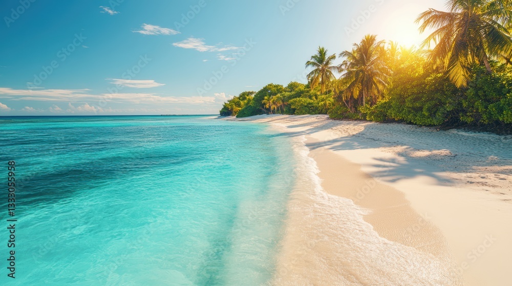 Aerial view of a beach featuring white sand and palm trees under a clear blue sky. Aerial view of a beach featuring white sand and palm trees under a clear blue sky.