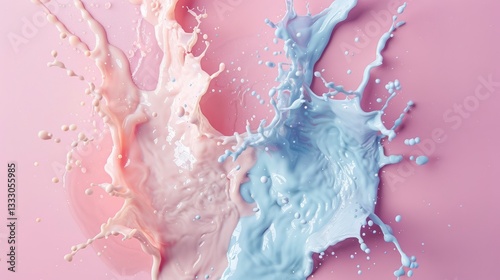 Colorful splashes of pink and blue liquid collide against a soft pink background, creating dynamic motion