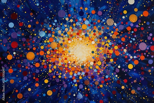 Vibrant cosmic explosion with multicolored dots representing stars and galaxies in a deep blue space