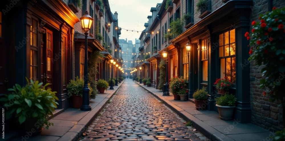 Fototapeta premium Victorian-era cobblestone street with gas lamps and flower pots, quaint, British, historical