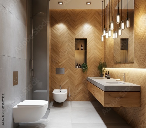 A modern bathroom with wooden walls and elegant lighting fixtures photo