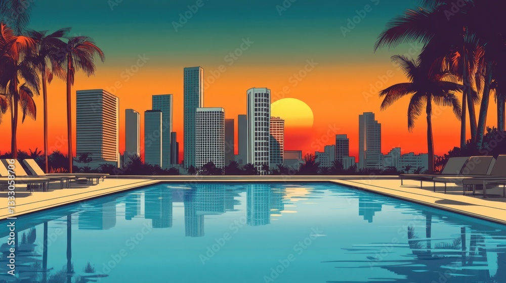 Naklejka premium Sunset Pool View of Los Angeles City