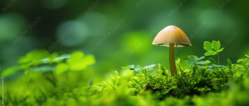 A small mushroom grows on lush moss in a serene forest setting. A small mushroom grows on lush moss in a serene forest setting.