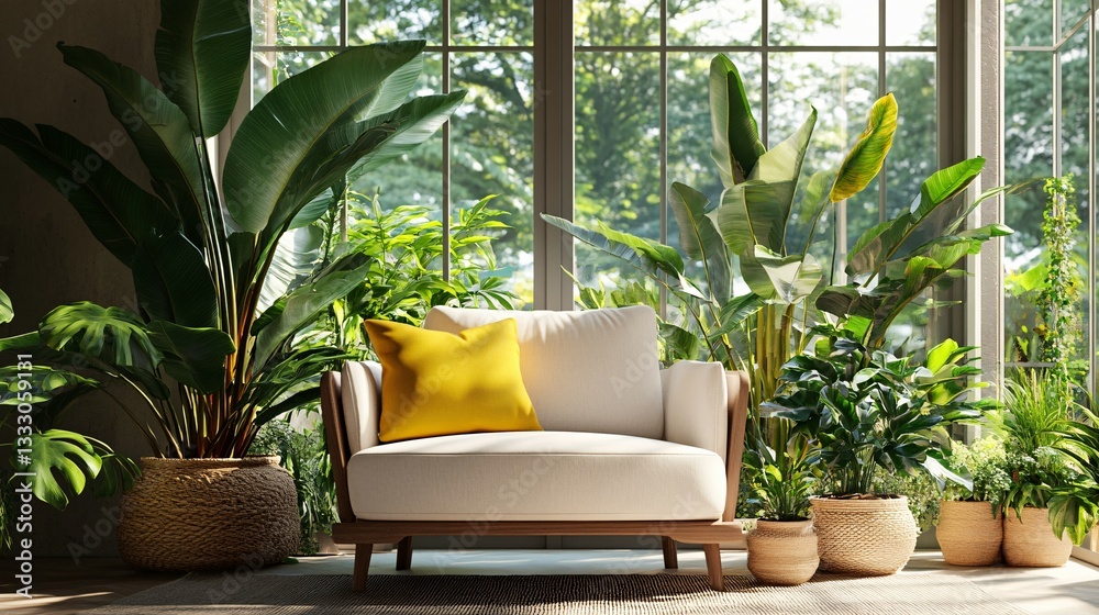 Fototapeta premium A Comfortable Armchair Surrounded by Lush Green Indoor Plants