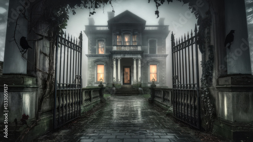 Old Victorian Mansion in the Mist Behind Iron Gates