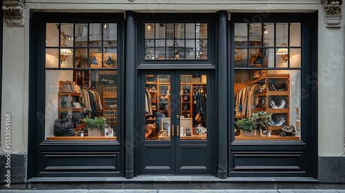 Stylish boutique shop exterior, city street, clothing display, window shopping