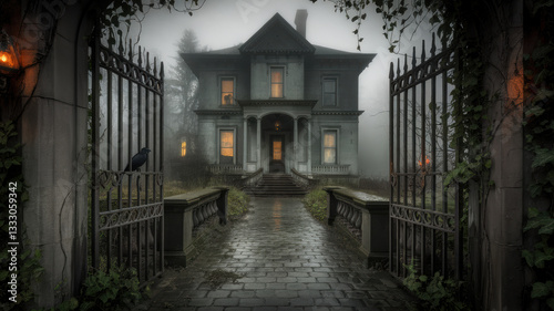 Old Victorian Mansion in the Mist Behind Iron Gates