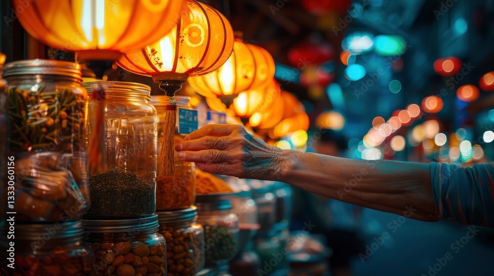 Obraz premium A hand reaching for spices in a vibrant night market filled with glowing lanterns and jars