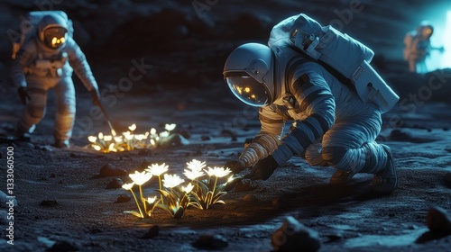 Astronauts tend glowing flowers on alien planet.