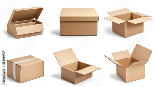 Open and closed cardboard box. Delivery package in side, front and top view. Packaging process. Carton boxes with fragile signs  set. Illustration cartboard box to distribution and packaging