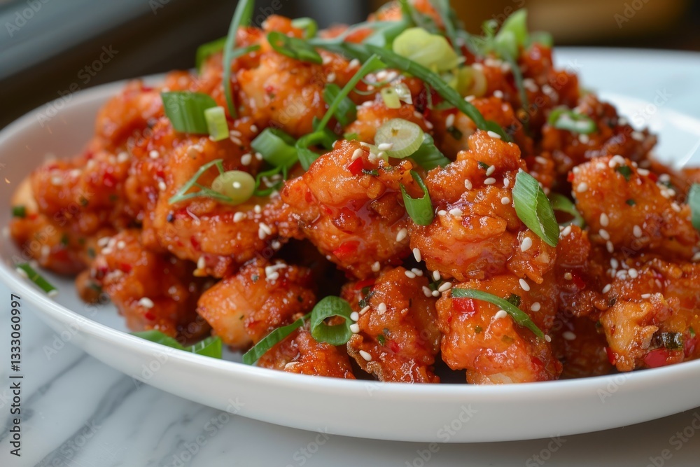 Crispy fried chicken with sesame and scallions on plate. AI image Crispy fried chicken with sesame and scallions on plate. AI image
