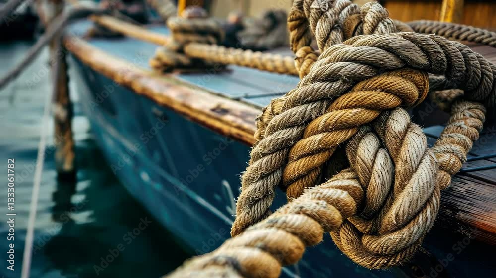 Rope tied to ship, close-up view reveals nautical details and maritime charm. Ai Generated Rope tied to ship, close-up view reveals nautical details and maritime charm. Ai Generated