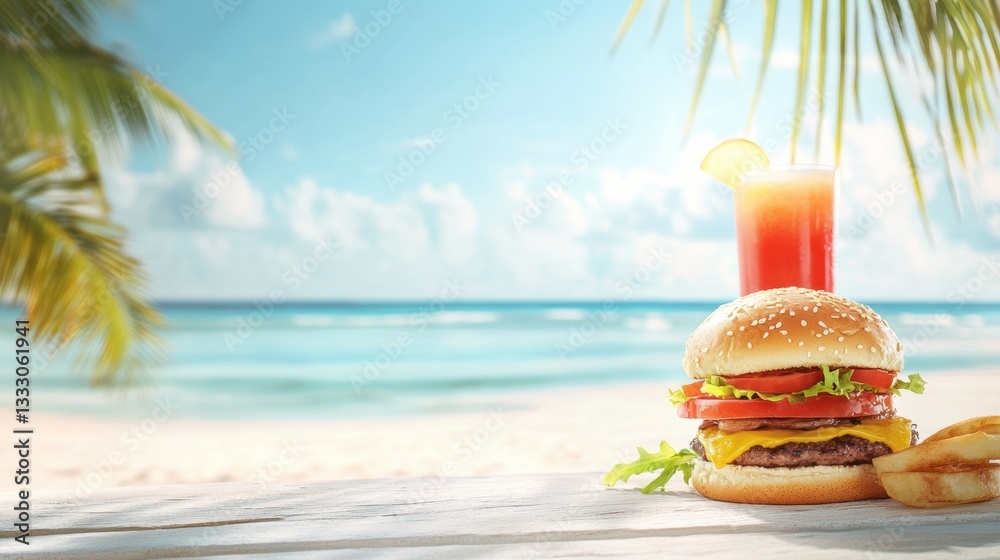 Obraz premium A delicious hamburger with fries and a drink served on a table.
