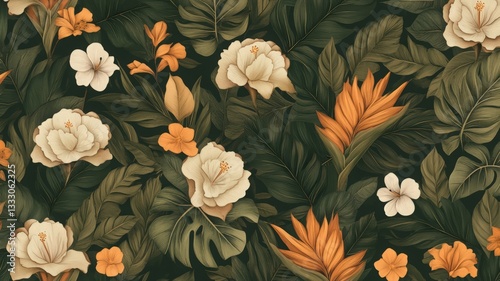 Dark Tropical Floral Pattern with Ivory and Orange Blossoms