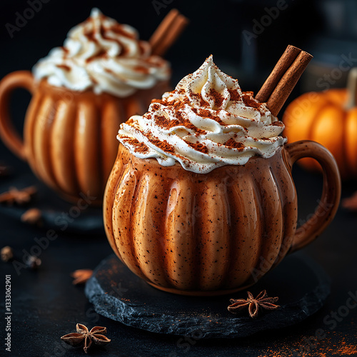 Fototapeta Naklejka Na Ścianę i Meble -  Savoring cozy autumn drinks close-up of pumpkin spice latte indoors in a comforting seasonal setting