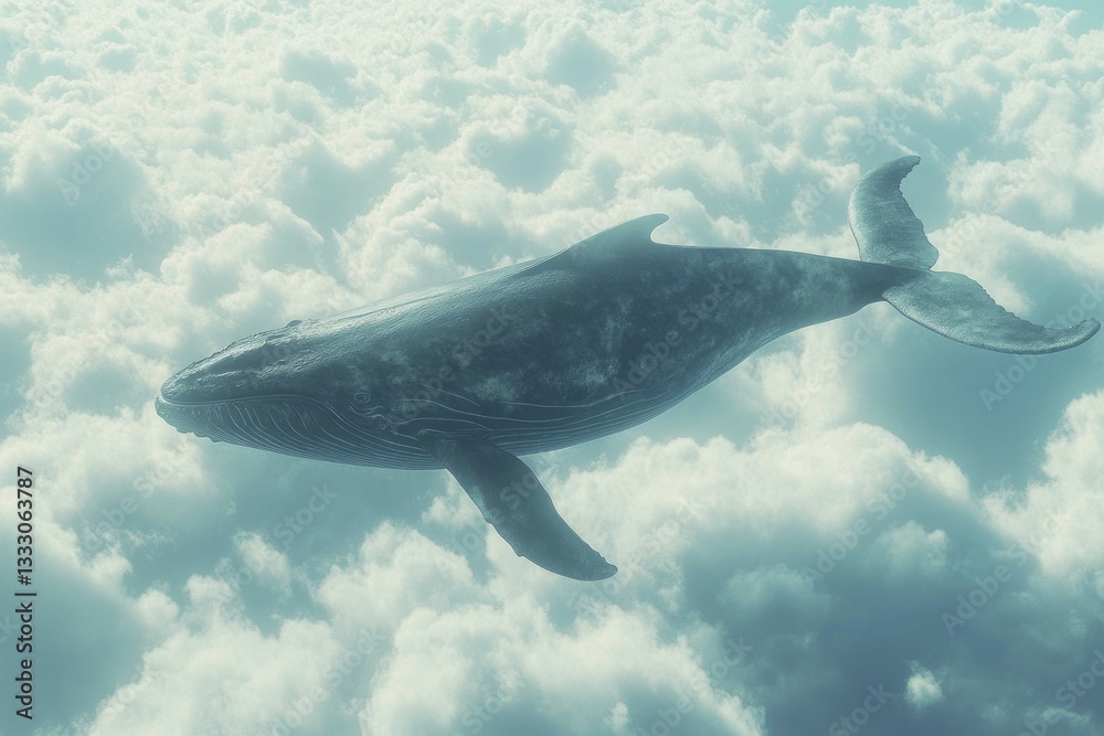 Fototapeta premium Majestic whale swimming among clouds in surreal sky. AI image