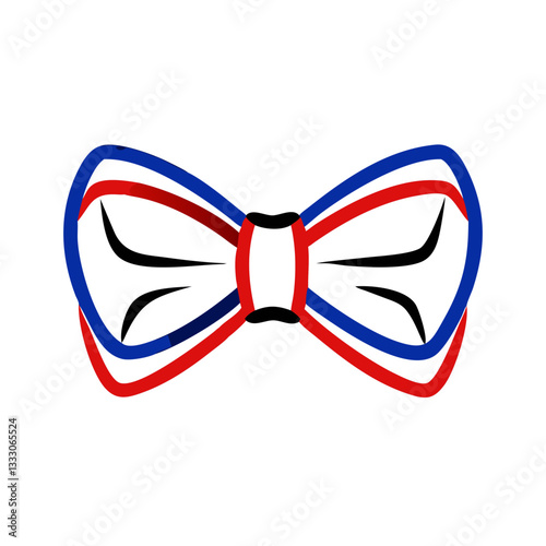 Colorful bow tie icon with red and blue accents, fashion accessory concept