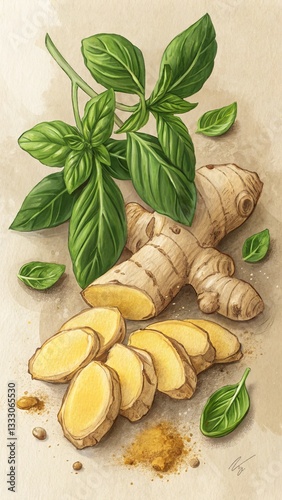 Vibrant Ginger Root and Fresh Basil Still Life Watercolor Painting