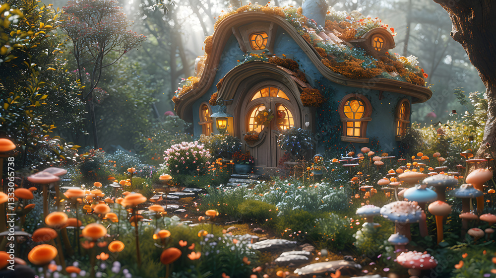Fototapeta premium Enchanted cottage surrounded by vibrant flowers and mushrooms in a mystical forest setting