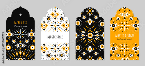 Magic evil eye symbol tag set. Protection from spoilage signs. Oriental curly shaped yellow black design. Mystic ornamental labels. Asian brochure template. Eastern style EPS 10 vector illustration