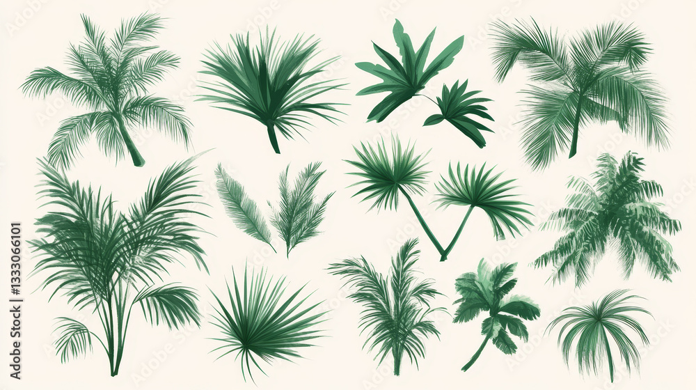 Palm trees. Tropical tree green leaves, beach palms and retro california greenery. Miami trees, coconut palm or exotic hawaii forest green tree. Isolated vector symbols set