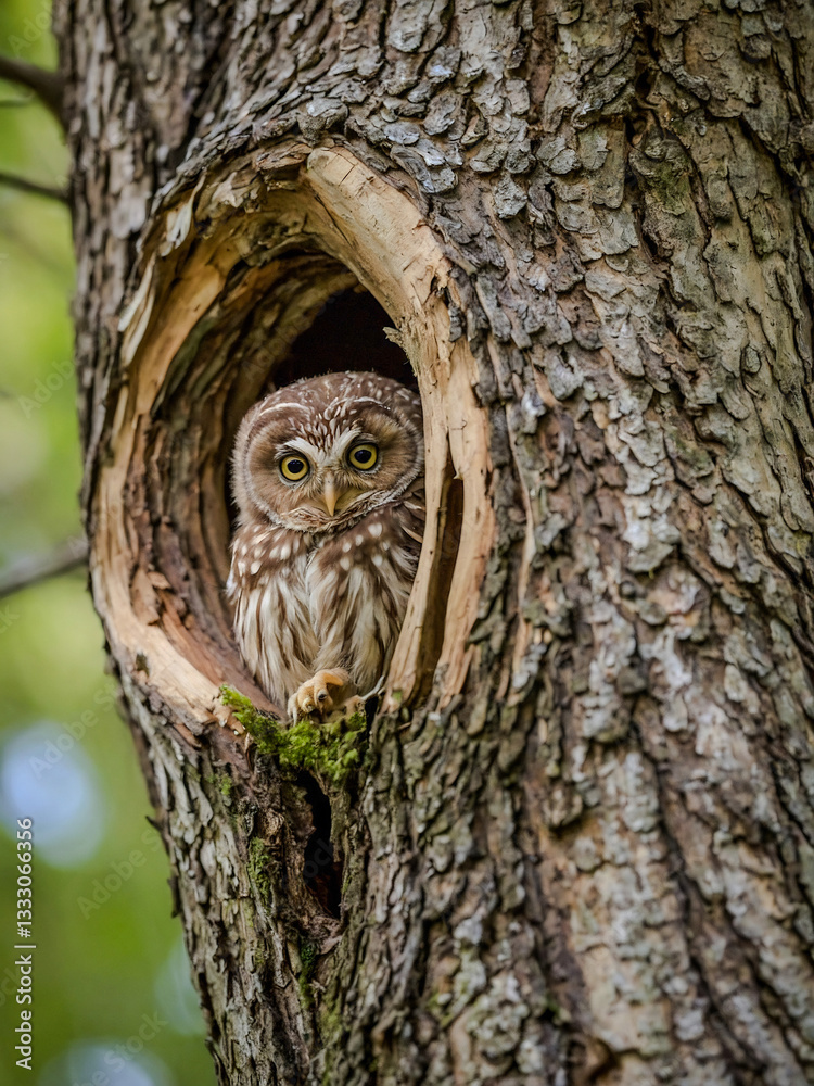 Obraz premium Fluffy owlet perched in a poplar tree hollow