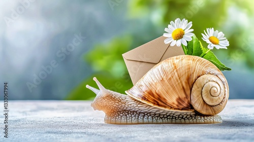 Snail carrying an envelope with daisies on a serene background in a garden setting